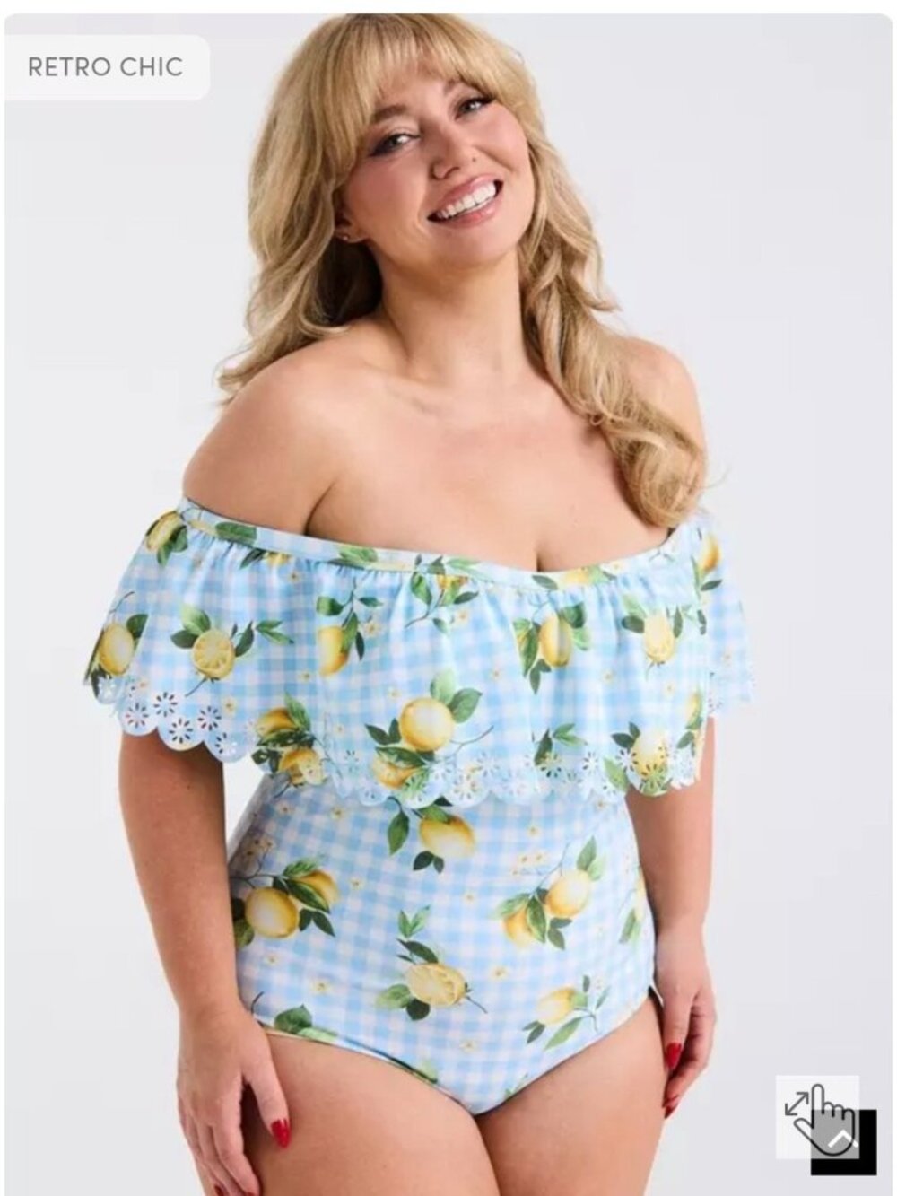 Torrid Retro Chic Off-Shoulder One Piece Swimsuit lemons light blue plaid Sz 0x - Picture 2 of 13